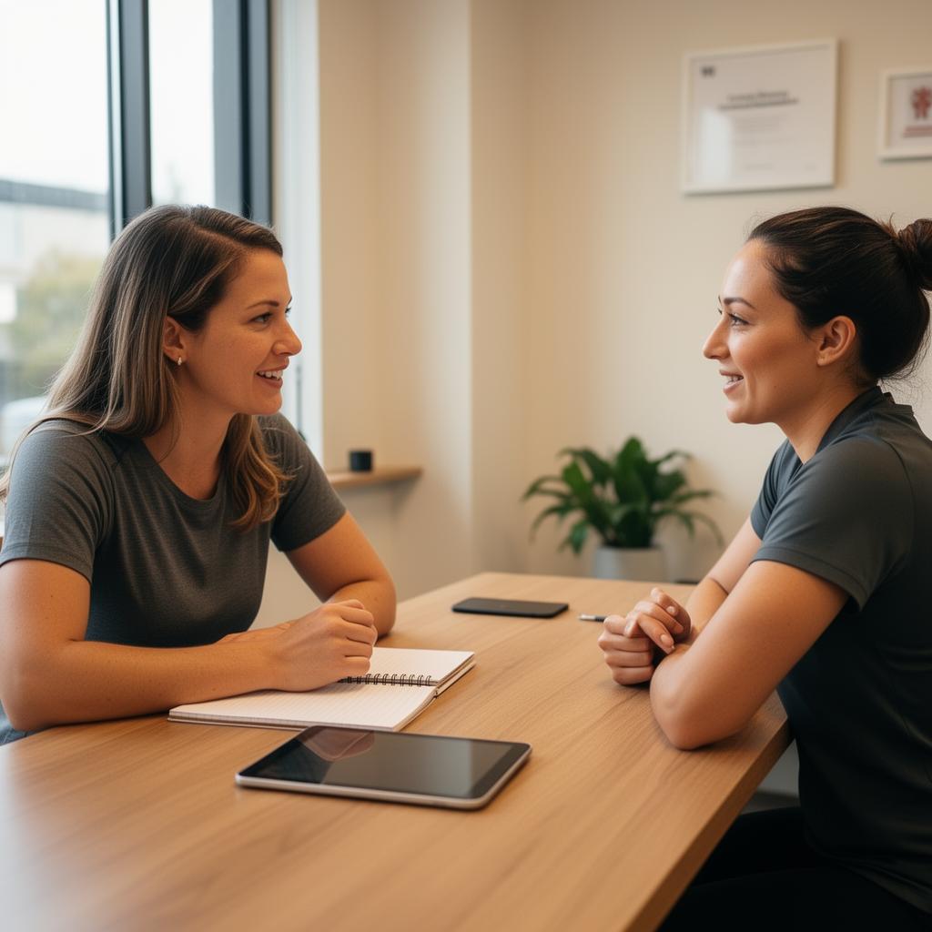 Exercise physiologist talking with a client during a consult.