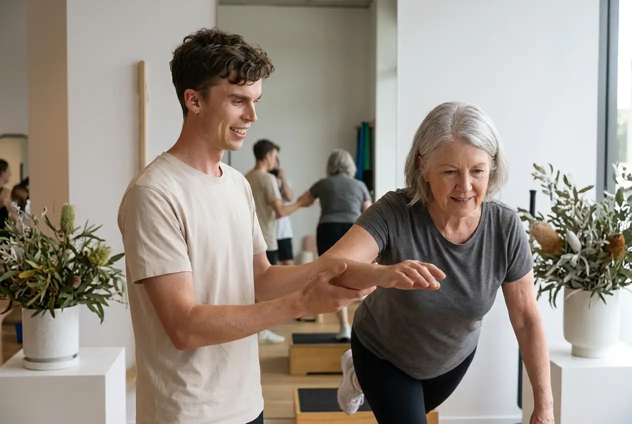 Matthew supporting an older client through a balance exercise.