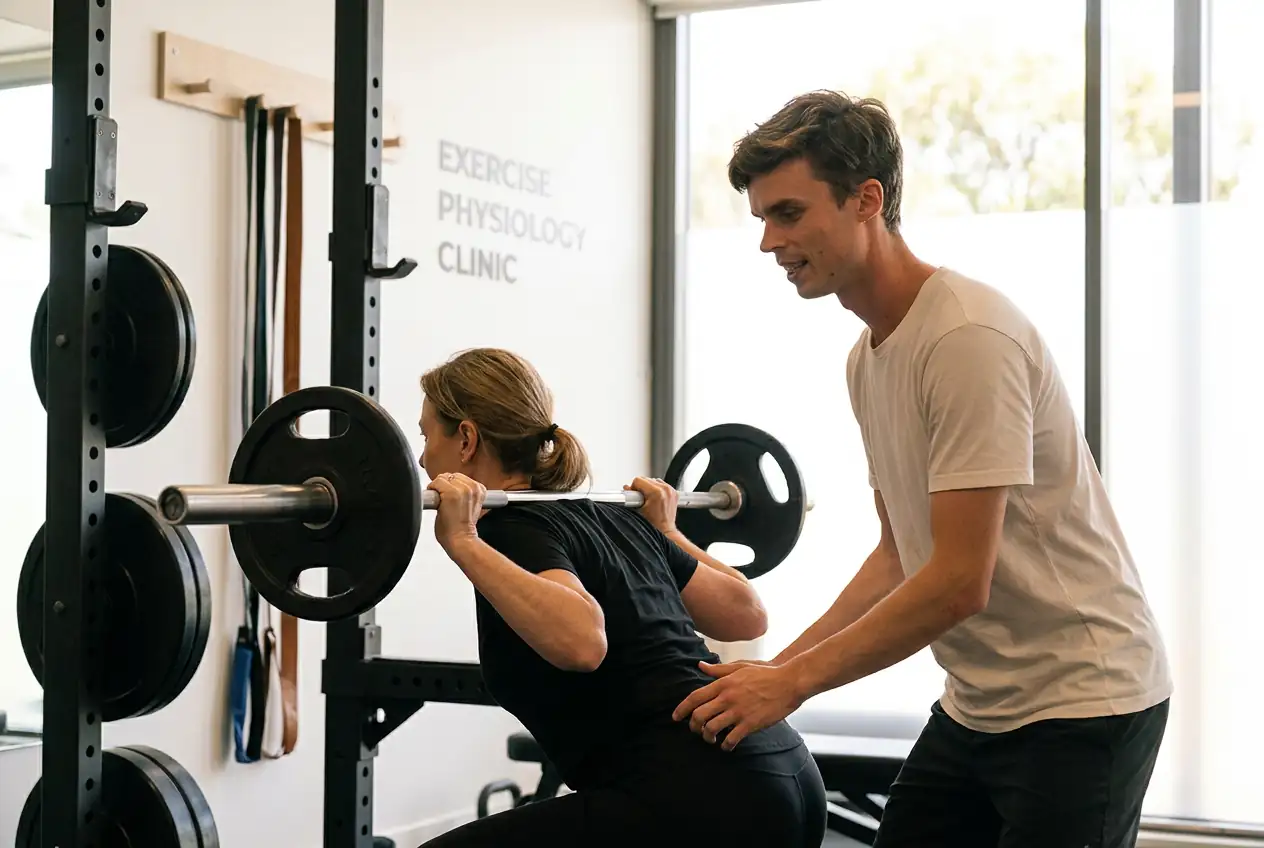 Matthew coaching a client through a barbell squat.