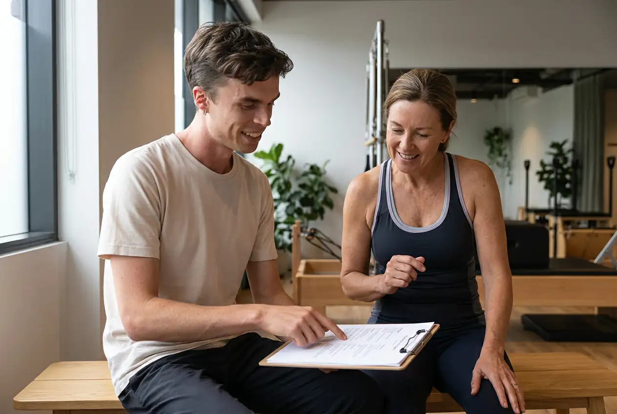Matthew reviewing a tailored exercise program with a client at SOS Exercise Physiology.